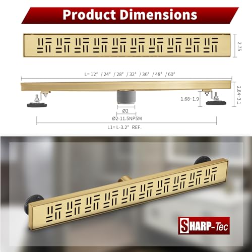 Sharp-tec Shower Drain, 36 inch Linear Shower Drain, Brushed 304 Stainless Steel Rectangular Shower Floor Drain with Adjustable Leveling Feet, Hair Strainer, cUPC Certified, ST-092-36G - color: Gold, size: 36 inch