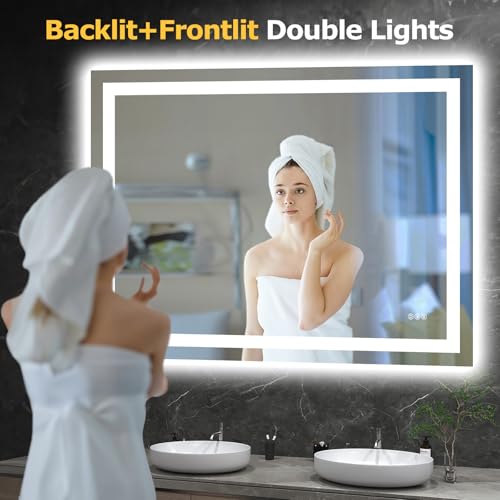 Hivone 48"X36" LED Bathroom Mirror with Lights, Anti-Fog, Dimmable, Backlit + Front Lit, Smart Bathroom Vanity Mirror, Memory Function, Shatterproof, Tempered Glass (Horizontal/Vertical) - size: 36"L x 48"W