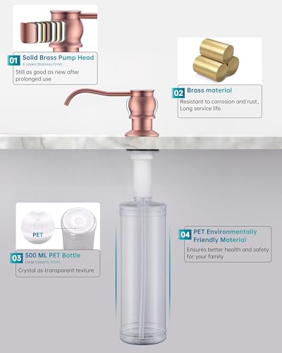 Brass Kitchen Soap Dispenser, Red Copper in Sink Liquid Dish Soap Dispenser with High Capacity 500ML （17oz） ABS Bottle, Under Sink Hand Metal Dispenser Pump - color: Red Copper, size: Without Hose
