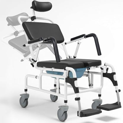 Vive Reclining Shower Chair with Wheels - Commode Wheelchair for Seniors, Disabled & Handicap - Padded Transfer Rolling Chairs w/Arms - Portable, Waterproof Shower Chair - Reclines for Easy Hair Wash | Disabled & Handicap - Padded Transfer Rolling Chairs