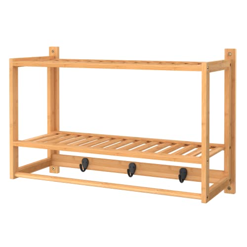 ClosetMaid Bamboo Wall Shelf with Towel Bar, 3 Hooks, Wall Mount Storage Shelves, 2 Tier, Organizer Rack, Natural Finish - style: 2-Tier