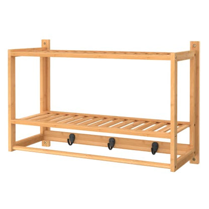 ClosetMaid Bamboo Wall Shelf with Towel Bar, 3 Hooks, Wall Mount Storage Shelves, 2 Tier, Organizer Rack, Natural Finish - style: 2-Tier
