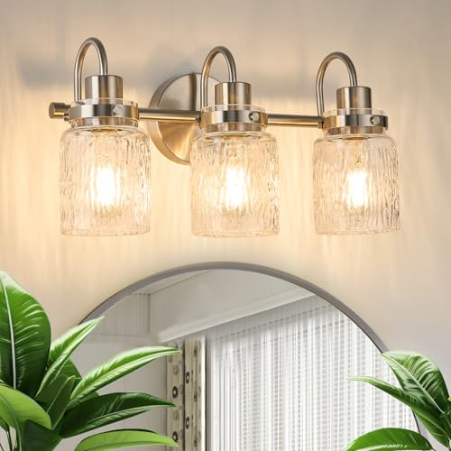 3 Lights Bathroom Vanity Light, Brushed Nickel Bathroom Light Fixtures with Hammered Glass Lampshade for Dressing Table,Over Mirror,Hallway - color: Brushed Nickel, size: 3 Lights