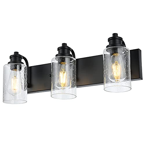 3 Lights Black Vanity Light Fixtures Over Mirror with Seedy Glass Shade,Industrial Wall Mount Lamp Metal Bathroom Lighting - color: Seedy Glass, size: 3 Light