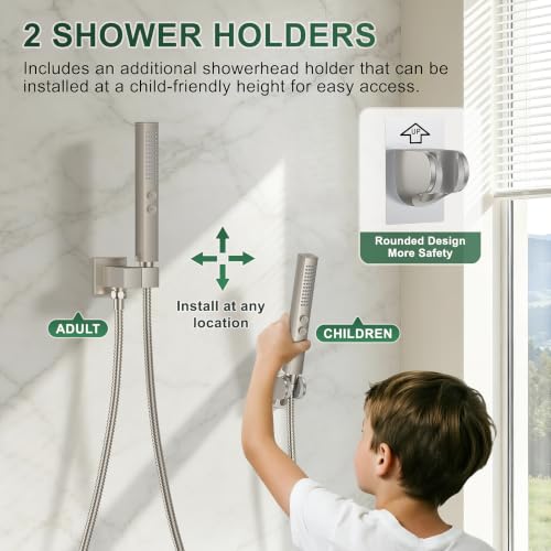 Rain Shower System with Rough-in Valve, Ceiling Mount Shower Faucet Set with 12"&6" Dual Rain Shower Heads, 2-in-1 Handheld Shower, Tub Spout, 4-Function Complete Shower Fixture,Brushed Nickel - color: Brushed Nickel, size: Ceiling Mount-12"+6" head with