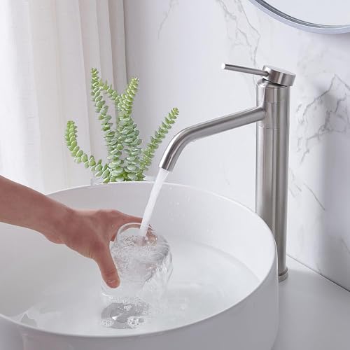 Hotis Vessel Sink Faucet Brushed Nickel, Stainless Steel Tall Bathroom Faucet with 360° Swivel Spout, Single Handle 1 Hole Bathroom Faucets with Supply Lines and Pop Up Drain, HT-BF100 - color: Brushed Nickel
