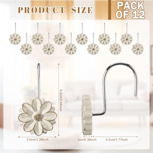 BreezeHug 12 Pcs Boho Shower Curtain Hooks Decorative Shower Curtain Hangers for Bathroom Rod Resin Round Rings with White Flower Pattern, Waterproof - style: Flower