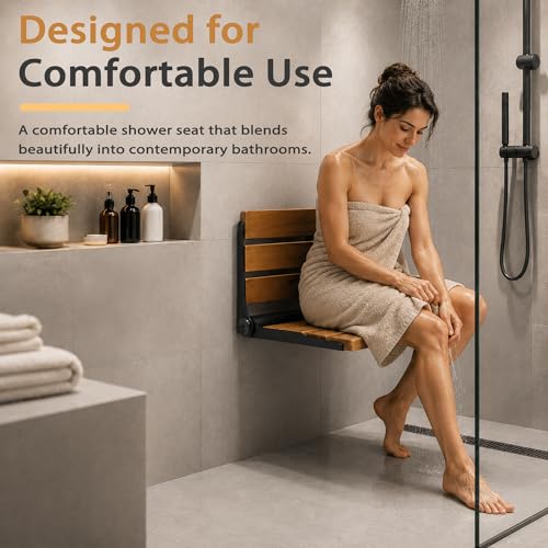 Folding Shower Seat Teak, Bath Safety Furniture Stainless Steel, Shower Seats for Elderly, Fold Down Shower Seat (Black) - color: Teak and Black Stainless Steel