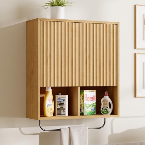 Fluted Wall Cabinet, Modern Medicine Cabinet Bathroom with Doors and Adjustable Shelf Towel Rack Wood Storage Cabinet for Kitchen Dining Room Living Room, Natural Oak - color: Natual Oak, size: 1PC