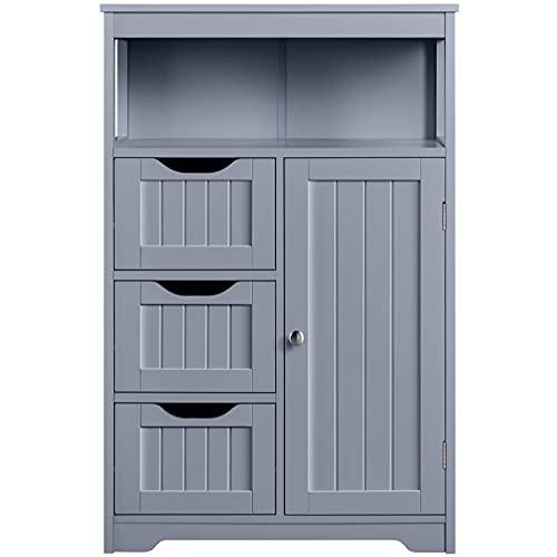 Topeakmart Wood Bathroom Floor Cabinet, Free Standing Storage Cabinet with 3 Drawers and Cupboard, for Hallway/Entryway/Living Room Accent Furniture, Gray - color: Grey