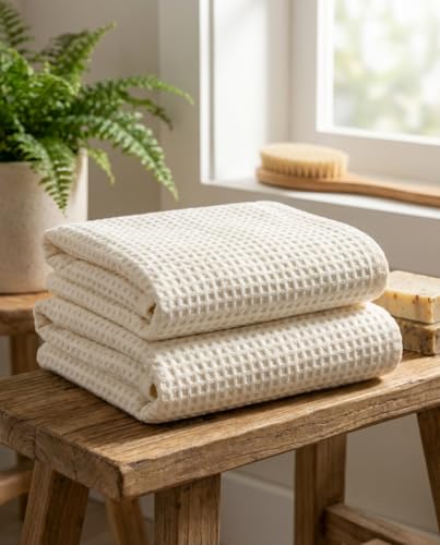 Bamboo Viscose Waffle Bath Towels - Pack of 2 - Ivory - 250 GSM – 100% Viscose Derived from Bamboo - Quick-Dry Waffle Weave - Spa & Gym Ready - Oeko-TEX Certified – Absorbent - Breathable - color: Ivory