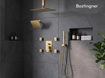 Brushed Gold Shower System with Body Jets, Bostingner 4 Way Shower Faucet Set with 2 in1 Handheld,Ceiling Mount 12 Inch Shower Head with 6 Inch Shower Head,4Pcs Body Jets With Dual Head Shower Set - color: Gold, size: 6+12 inch-01
