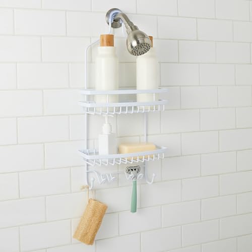 Bath Bliss Shower Head Caddy, Suction Cup Backing, 2 Tier Shelving & 6 Accessory Hooks, White (23386-WHITE) - color: White