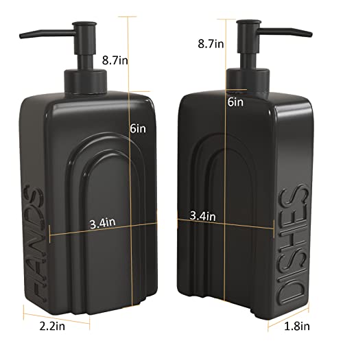 Soap Dispenser Set with Stainless Steel Pump, 2 Pack Ceramic Refillable Dish Soap and Hand Soap Dispenser for Kitchen, Bathroom, Matte Black - color: Black