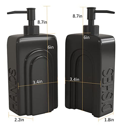 Soap Dispenser Set with Stainless Steel Pump, 2 Pack Ceramic Refillable Dish Soap and Hand Soap Dispenser for Kitchen, Bathroom, Matte Black - color: Black