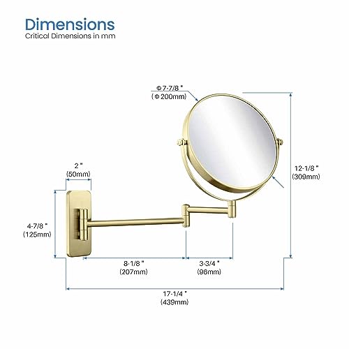 Circular Wall Mount Makeup Mirror, Dual-Sided 1x/5x Magnifying Mirror with Extendable Arm, 360° Swivel, Solid Brass Construction for Durability and Style (Brushed Gold, KMM100) - color: Gold