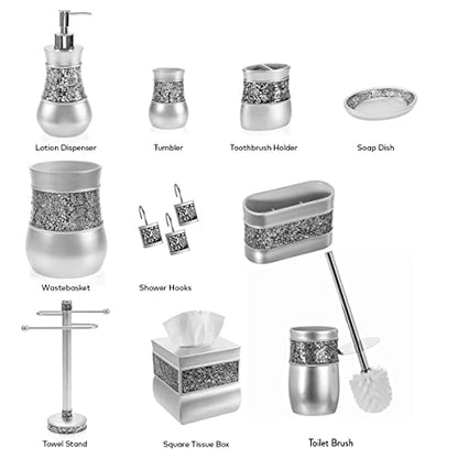 Creative Scents 4 Pc. Resin Bathroom Accessory Set | Silver Crackled Glass | Includes Soap Dispenser, Toothbrush Holder, Tumbler Cup and Soap Dish - style: 4 Pc Set