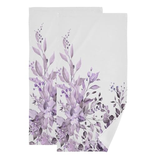 2 Pack Vintage Purple Eucalyptus Hand Towels for Bathroom,Soft Absorbent Watercolor Leave Plant Botanical Decorative Guest Face Bathroom Towels,Spring Floral Quick Dry Kitchen Towels 14"x28" - color: Purple White