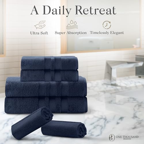 Premium Staple Cotton Bathroom Towel Set - Navy 600 GSM 6-Piece Luxury Bath Towel Set 3 Stripe - 2 Bath Towels, 2 Hand Towels & 2 Washclothes Set - High Absorbent & Quick Dry for Gym, Spa, Hotel - color: Navy - 3 Stripe