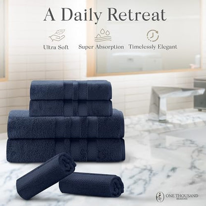 Premium Staple Cotton Bathroom Towel Set - Navy 600 GSM 6-Piece Luxury Bath Towel Set 3 Stripe - 2 Bath Towels, 2 Hand Towels & 2 Washclothes Set - High Absorbent & Quick Dry for Gym, Spa, Hotel - color: Navy - 3 Stripe