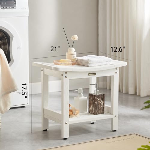 KaimuBench HDPS Curved Shower Bench Waterproof Bath Stool with Storage | Poly Shower Stool for Shaving Legs, Handles & Shower Head Holder, Adjustable Feet for Inside Shower, Non-Slip, Anti-Rotting - color: White