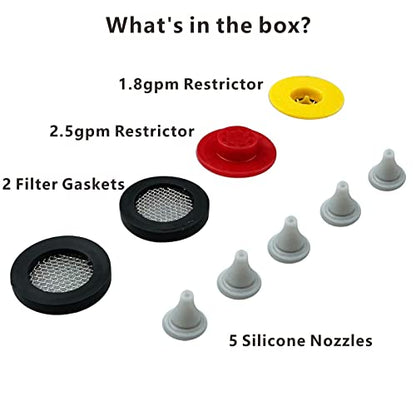 Voolan Shower Flow Restrictor Set - Fixed Showerhead Replace Parts -1.8 and 2.5GPM Flow Reducer Limiter + 2 Filter Gaskets + 5 Soft Silicone Nozzles For Shower Head Replacement - style: 4 Pack