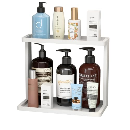PEKER Bamboo Bathroom Organizer Countertop – Small Vanity Storage Shelf for Makeup, Perfume, Skincare – Natural Cosmetics Display Rack for Dresser, Sink, Kitchen –White - color: White
