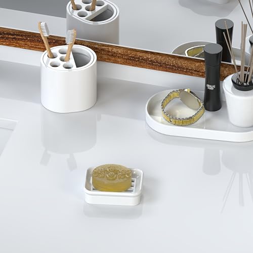 2-Piece Composite Granite Soap Dish for Shower - Elegant Stone-Look Bar Soap Holder with Strainer - Durable & Non-Porous Soap Tray for Bathroom and Kitchen Sink, Easy Clean (White) - color: White