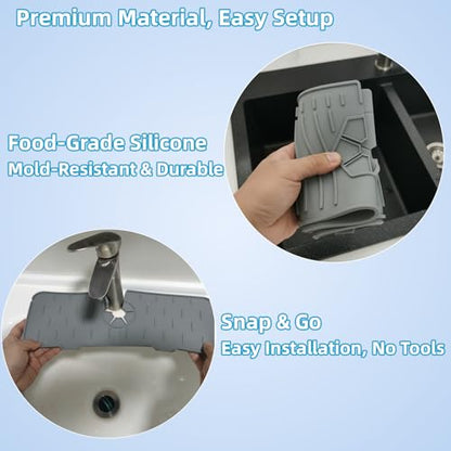 Silicone Faucet Handle Drip Catcher Drying Tray Mat Dish Soap Sponge Holder Accessories Gadgets for Kitchen Counter Bathroom Kitchen Sink Splash Guard (Gray, 14.56") - size: 14.6" x 5.5"