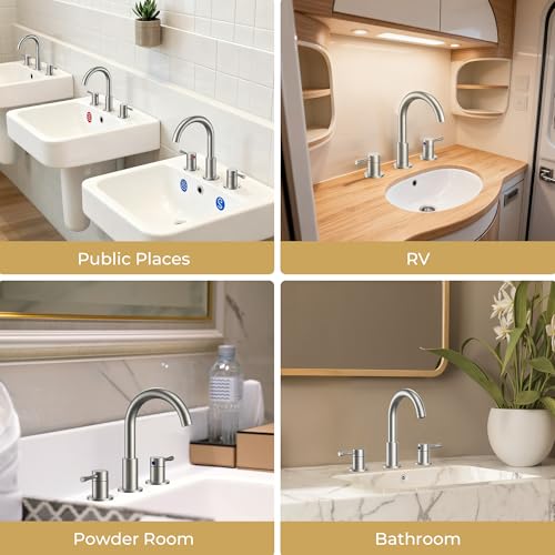 FORIOUS Bathroom Faucet 3 Hole, 360° Swivel 8" Sink Faucet Brushed Nickel | with Pop Up Drain, 2 Handles,for Sink Vanity RV Lavatory Farmhouse, 304 Stainless Steel, Lead-free, Leakproof - color: Stainless Steel