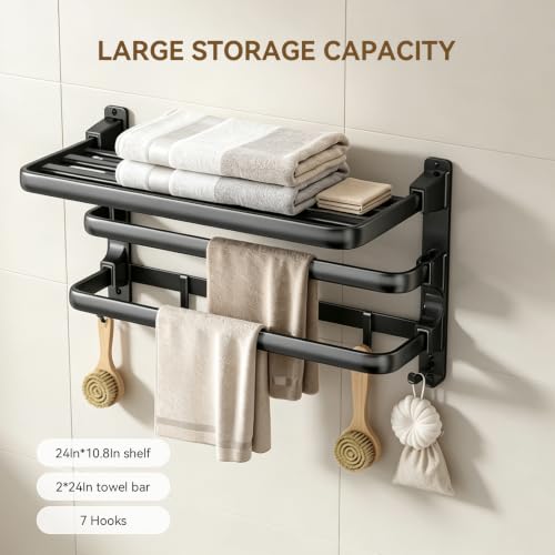 24 Inch Towel Rack for Bathroom, Wall Mounted Shelf with 2 Bars and 7 Hooks, Foldable Double Towel Rod, Space Saving Rustproof Storage Organizer for Bathroom, Hotel and Lavatory, Matte Black