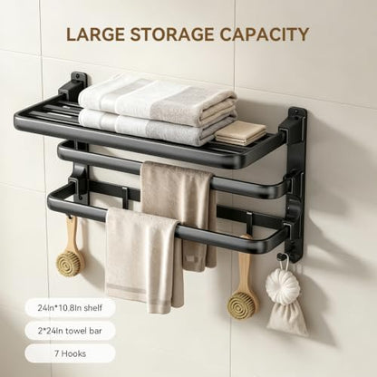 24 Inch Towel Rack for Bathroom, Wall Mounted Shelf with 2 Bars and 7 Hooks, Foldable Double Towel Rod, Space Saving Rustproof Storage Organizer for Bathroom, Hotel and Lavatory, Matte Black