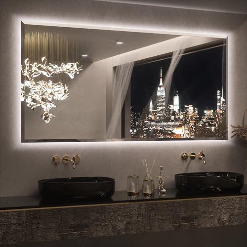 Keonjinn 72 x 36 Inch Large LED Mirror for Bathroom, Backlit Mirror with Beveled Edge, Safe Tempered Glass, Anti-fog, UL-Listed Driver, 3 Color Light, Plug in/Hardwired, Lighted Vanity Mirror for Wall - color: Backlit Beveled Edge, size: 36"L x 72"W