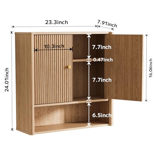 Bathroom Wall Cabinet, Medicine Cabinet with Adjustable Wood Shelf & Doors, Over The Toilet Storage Organizer Wall Mounted Storage Cabinet for Laundry Room, Kitchen, Living Room, Cupboard, Oak