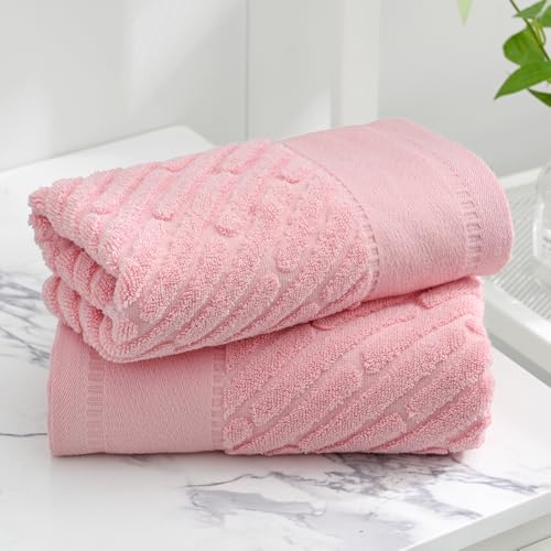 sense gnosis Pink Hand Towels Diagonal Bar Pattern 13" X 29", 2PC | 100% Terry Cotton Towel Super Soft Highly Absorbent Face Towel for Bathroom - color: Pink