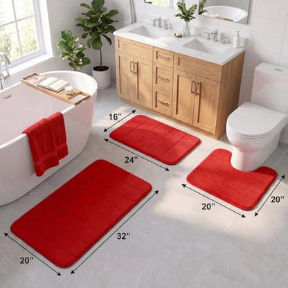Bathroom Rugs Set 3 Piece, Memory Foam Bath Rugs, Non Slip Washable Bathroom Rug Set, Extra Soft Absorbent Bath Mats with U-Shaped Toilet Rug, Red - color: Red