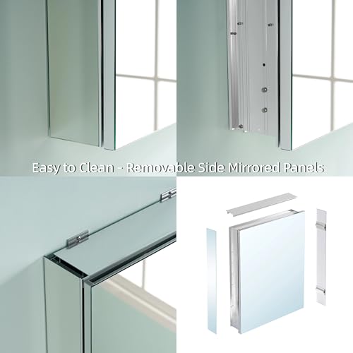 28" x 36" Bathroom Medicine Cabinet with Mirror, Anodized Chrome Aluminum Frame, Surface Mount or Recessed Medicine Cabinet with Mirror, Bathroom Mirror with Storage, Double Doors - size: 28"x36"-A