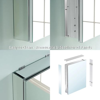 28" x 36" Bathroom Medicine Cabinet with Mirror, Anodized Chrome Aluminum Frame, Surface Mount or Recessed Medicine Cabinet with Mirror, Bathroom Mirror with Storage, Double Doors - size: 28"x36"-A