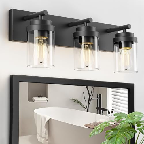 IZORRO Bathroom Vanity Light Fixture, 3-Light 22 Inch Matte Black Bathroom Light Fixtures Over Mirror, with Clear Glass Shade, Modern Farmhouse Vanity Lights, Rustic Restroom Lighting Fixtures - color: Black-Clear Glass Shade, size: 22 inch-3-Light