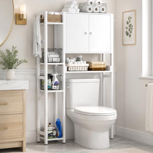 Cyclysio Over The Toilet Storage Cabinet with Doors, 7-Tier Bathroom Organizer Over Toilet with Reversible Side Shelf, Adjustable Shelves & 4 Hooks, Freestanding Toilet Shelf Space Saver for Laundry - color: White