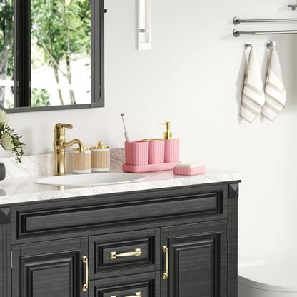 XLHOMO Bathroom Accessory Set - Gorgeous Bathroom Set, 7PC Pink Bathroom Set, Soap Dispenser, Toothbrush Holder, Qtip Holder Set, Bathroom Sets Complete, Bathroom Sink Set for Home Decor - style: Pink&Gold