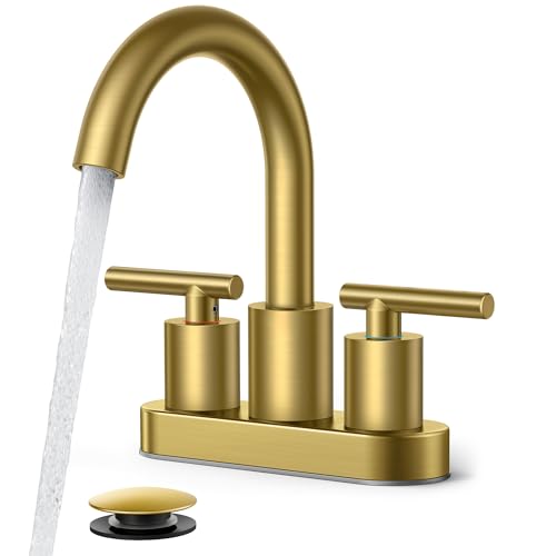 FORIOUS Brushed Gold Bathroom Faucet Centerset 4 Inch, Gold Vanity Faucet | Commercial Gold Faucet Bathroom 4 Inch, Gold Faucets for Bathroom Vanity wtih Dain, Hose, High Arc Swivel Spout, Hospitality - color: Brushed Gold, style: Classic