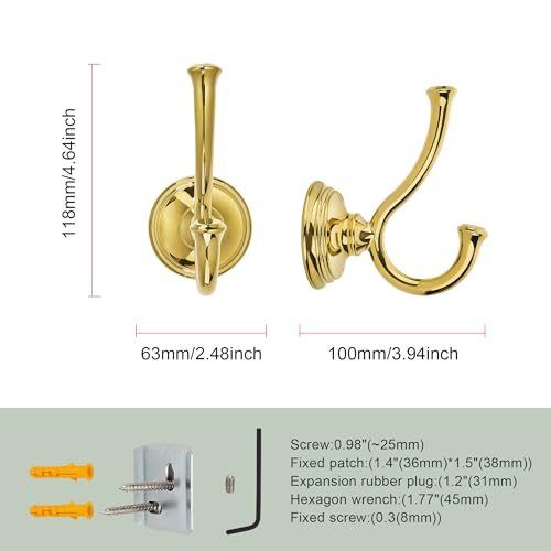 TUNNY Towel Hook Bathroom-2 Pack Shiny Gold（PVD-Gold） Double Robe/Towel Hook Wall Mounted Hook for Bathroom Bedroom Kitchen - color: PVD-Gold