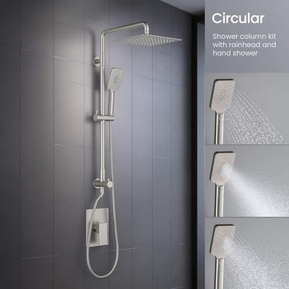 KIBI Cube 2-Function Rain Shower Column, Solid Brass, Brushed Nickel | 10in Rain Head Plus 3-Mode Handheld, Height-Adjustable, Brass Rough-in Valve, Pressure Balance, Wall-Mounted, KSC404 - color: Brushed Nickel