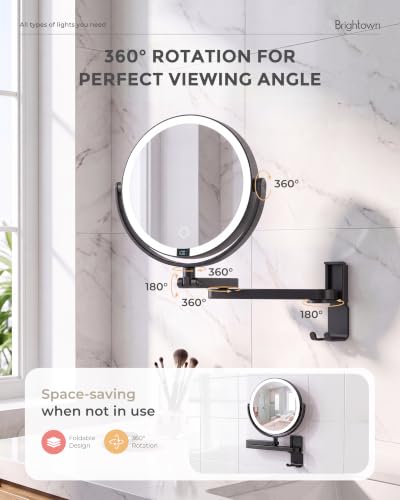Brightown 8" Wall Mounted Makeup Mirror with Lights & Magnification 1X/10X | 4000mAh Rechargeable Dimmable Vanity Mirror, Extended Arm 360° Rotation, 3 Color Lights & Smart LED Digital Display, Black - color: Black
