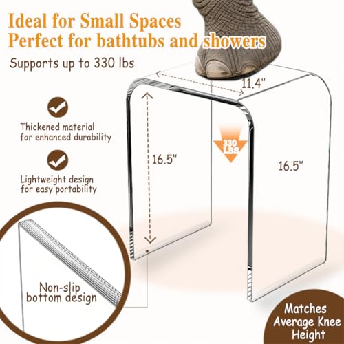 Acrylic Shower Stool for Inside Shower, Clear Bathroom Bench, Non-Slip Waterproof Bath Seat for Shaving Legs & Spa, Supports up to 330 lbs