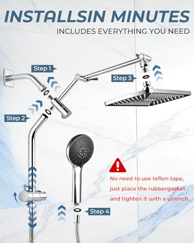 Shower Head with Handheld,High Pressure Chrome Slide Bar ShowerHead | Regaderas Para Shower,11.8" Rectangular,Rain Shower Head,Dual Shower Head,Bathroom Decor,Extension Arm,5 Spray Mode - color: C-Chrome, style: Rectangular 12"