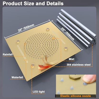 Enga Luxury Dual Shower Head System with Body Jets LED Thermostatic Shower System with 6 inch Wall Shower, 20-Inch 3 Function Shower Head (Rainfall & Mist & Waterfall), Brushed Gold - color: Brushed Gold, style: 20" Head (Rain + Mist+Waterfall) - 6" Head+