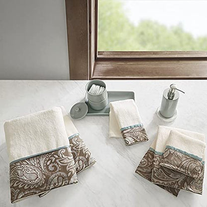 Madison Park Aubrey Cotton Bath Towel Set Jacquard, 6 Piece, Blue/Brown | Plush Feel, Hotel Quality for Bathroom, Paisley Pattern, Absorbent, OEKO-TEX Certified - color: Blue/Brown