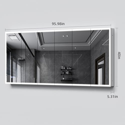 96x40" Extra-Wide Smart LED Medicine Cabinet, Outlets, Anti-Fog, Bathroom | Surface-Mount/Recessed, Double-Sided Mirror Cabinet, 3-Color Dim, 10 Bright Levels, DTC Soft-Close, Adjustable Shelfs - size: 96"Wx40"H